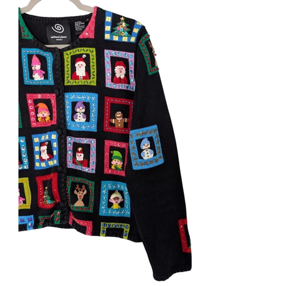 Michael Simon Christmas Cardigan Black M Beaded Window Applique 2001 Y2K - Picture 5 of 10